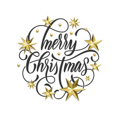 Merry Christmas golden decoration, hand drawn calligraphy font for greeting card or invitation on white background. Vector Christmas or New Year gold star and snowflake shiny winter holiday decoration