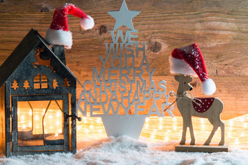 Christbaum mit Text und Rentier mit Weihnachtsmütze als Kartenmotiv rustikal vor Holzhintergrund