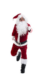 Happy traditional Santa Claus running isolated on white background.