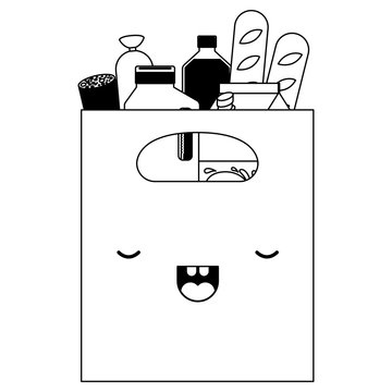 kawaii square paper bag with handle and foods sausage bread and drinks juice and water bottle and milk carton in black silhouette
