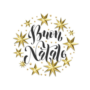 Buon Natale Italian Merry Christmas golden decoration, calligraphy font for Xmas greeting card or invitation white background. Vector Christmas or New Year gold star and snowflake holiday decoration
