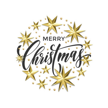 Merry Christmas golden decoration, hand drawn calligraphy font for greeting card or invitation on white background. Vector Christmas or New Year gold star and snowflake shiny winter holiday decoration