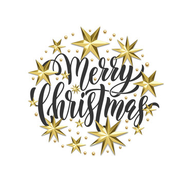 Merry Christmas holiday golden decoration, hand drawn calligraphy font for greeting card or invitation on white background. Vector Christmas or New Year gold star and snowflake shiny decoration