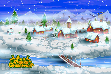 Cottage house in winter snowfall landscape on Merry Christmas and Happy New Yeargreeting backgrund
