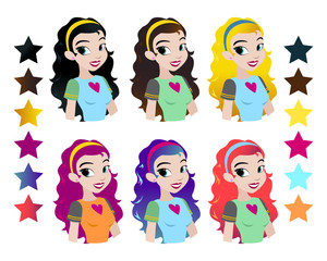Teenager vectors girls head with different color hair. Character . Isolated against white background. Build your own design. Cartoon flat-style vector illustration