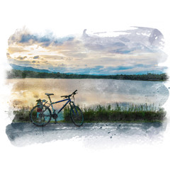 Obraz na płótnie Canvas Mountain bike parked beside the lake with mountain and beautiful sky background. Watercolor painting (retouch).