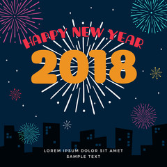 Happy New Year 2018 Card Template Design with City Building Silhouette, Colorful Fireworks and Star Brush Illustration Element Background at Midnight Scene. Poster, Banner, Flyer, Cover.