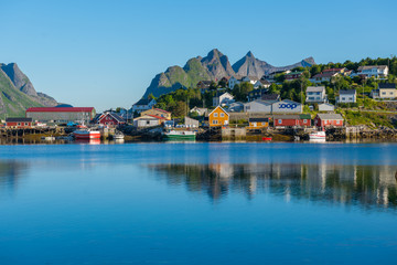 Fototapeta na wymiar Lofoten Summer Landscape Lofoten is an archipelago in the county of Nordland, Norway. Is known for a distinctive scenery with dramatic mountains and peaks