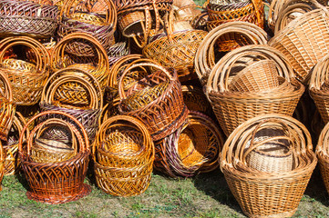 Background texture. Wicker baskets from willow rods