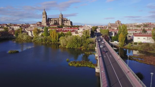 Aerial view of Salamanca with historic cathedral elevated over city, Spain