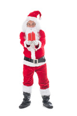 Close up of Santa Claus hand with red Gifts isolated on white background.