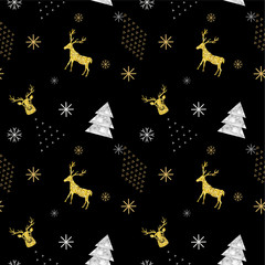 Reindeer geometric trendy seamless pattern with animal silhouette, marble texture, winter holidays scandinavian minimal pattern, invitation vector background