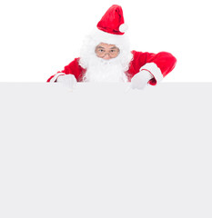 Close up of Santa with a banner isolated on white background