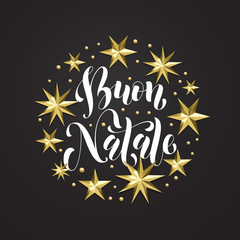 Buon Natale Italian Merry Christmas golden decoration, calligraphy font for Xmas greeting card or invitation white background. Vector Christmas or New Year gold star and snowflake holiday decoration