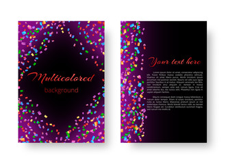 Cover brochure with multicolored confetti falling on a violet background