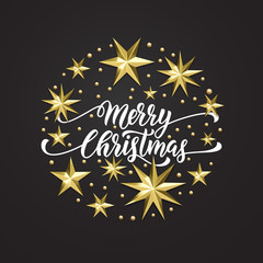 Merry Christmas holiday golden decoration, hand drawn calligraphy font for greeting card or invitation on white background. Vector Christmas or New Year gold star and snowflake shiny decoration