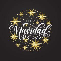 Fototapeta na wymiar Feliz Navidad Spanish Merry Christmas holiday golden decoration, calligraphy font for greeting card or invitation on white background. Vector Christmas or New Year gold star and snowflake decoration
