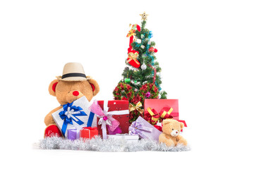Bear,Presents and Christmas decoration isolated on white background.