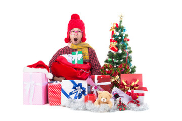 Happy man with Bear,Presents and Christmas decoration isolated on white background.