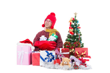 Happy man with Bear,Presents and Christmas decoration isolated on white background.