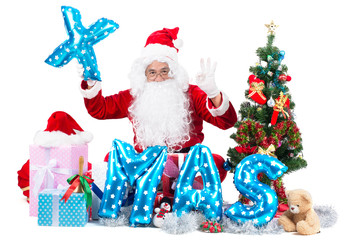 happy santa claus man with gift box around and clebreat letter xmas sign isolated on white.