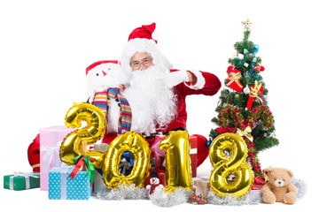 happy santa claus man with gift box around and clebreat letter 2018 sign isolated on white.