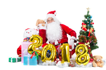 happy santa claus man with gift box around and clebreat letter 2018 sign isolated on white.