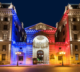 Paris France - October 17 2017: Night view of gate at police prefecture at night. Copy space in sky.