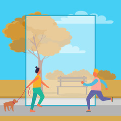 Woman and Dog and Rollerskating Man in Autumn Park