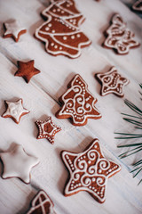 A variety of Christmas gingerbread cookies are laid out on a whi