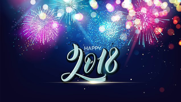 Happy 2018. Merry christmas and happy new year 2018 festive background with fireworks, calligraphic design and christmas lights  Vector illustration
