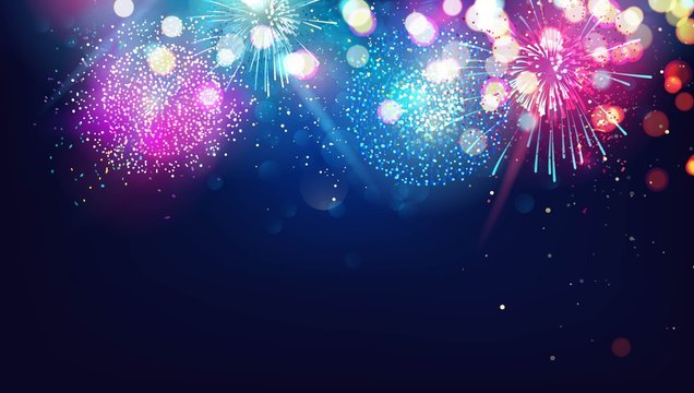 Abstract new year background with colorful fireworks and christmas lights. Vector festive illustration