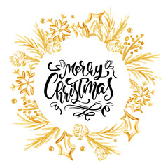 Merry Christmas Calligraphy Lettering text and a gold wreath with fir tree branches. Vector illustration