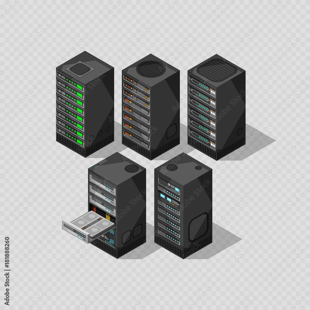 Poster hardware isometric equipment. 3d telecommunication server isolated on transparent background