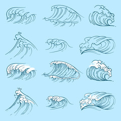 Sketch ocean waves. Hand drawn sea storm wave