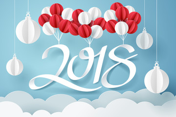 Paper art of 2018 hang with balloon in the sky,  happy new year celebration concept