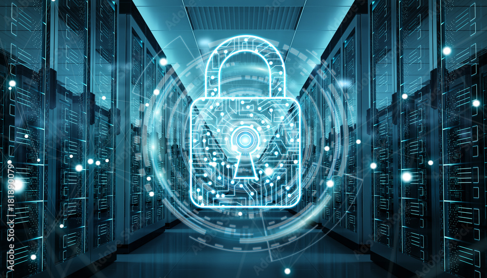 Poster firewall activated on server room data center 3d rendering