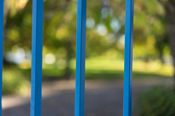 closed park seen through blue gate in summer