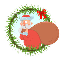 Christmas card with funny Santa Claus carrying big bag of presents. Santa looks bewildered and agitated. Round frame of fir branches, design element, isolated. Cartoon character vector illustration.