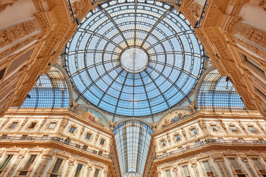 Milan, Vittorio Emanuele gallery interior view in a sunny day in Italy