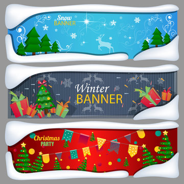 Set of horizontal Christmas, New Year banners