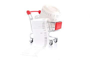 Shopping cart with receipt , concept for grocery expenses and consumerism