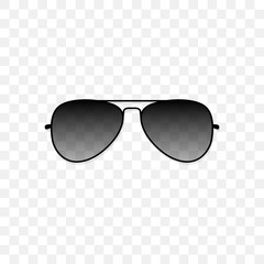 Realistic sunglasses with a translucent black glass on a transparent background. Protection from sun and ultraviolet rays. Fashion accessory vector illustration.