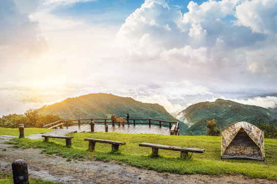 Camping near the scenic spot with Sunrise at Mon sone view point of Doi Pha Hom Pok National Park ,tourist attraction at Chiangmai province in thailand