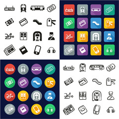 Metro Or Subway All in One Icons Black & White Color Flat Design Freehand Set
