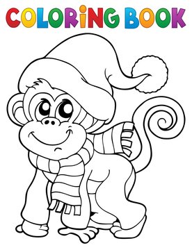 Coloring book monkey in winter clothes