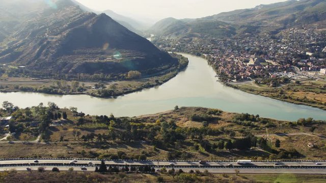 Scenery view of Mtskheta city and Kura river.