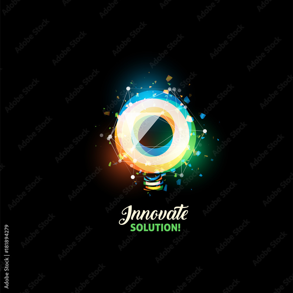 Poster innovate solution logo, light bulb abstract vector icon. isolated colorful round shape, stylized lam