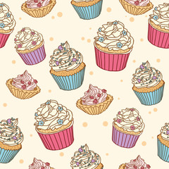 Cute and sweet seamless pattern with muffins. Hand Drawn vector illustration. Wrapping paper pattern. Background with abstract elements.