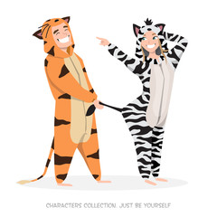 Guy with girl at home pajamas fun.